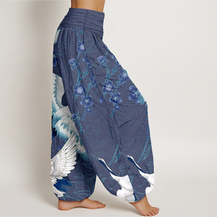 Pantalon harem à taille élastique pour femme, en pur coton, avec motifs de Buddha Stones, grues, fleurs et nuages. - image 2