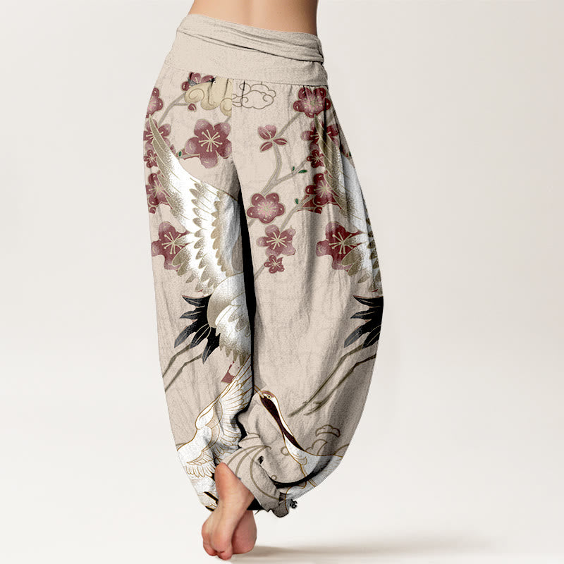 Pantalon harem à taille élastique pour femme, en pur coton, avec motifs de Buddha Stones, grues, fleurs et nuages. - image 6