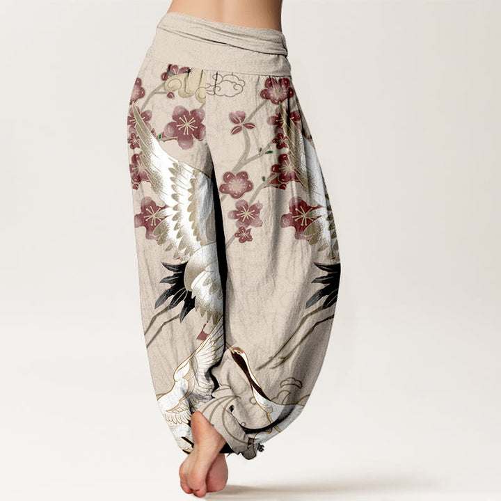 Pantalon harem à taille élastique pour femme, en pur coton, avec motifs de Buddha Stones, grues, fleurs et nuages. - image 6