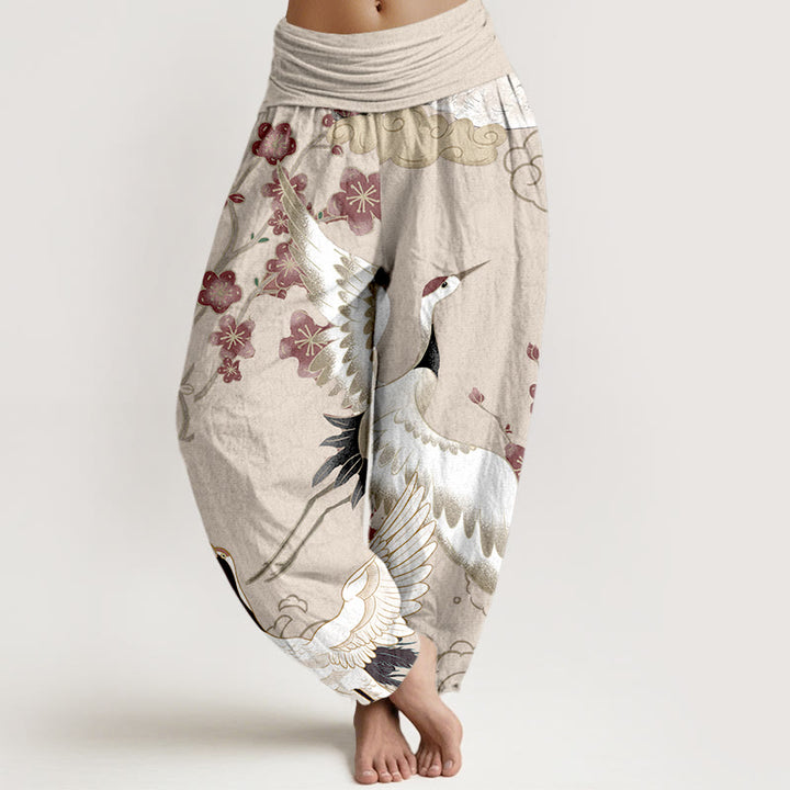 Pantalon harem à taille élastique pour femme, en pur coton, avec motifs de Buddha Stones, grues, fleurs et nuages. - PapayaWhip - US16，UK/AU20，EU48 (3XL) - image 5