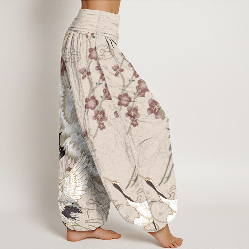 Pantalon harem à taille élastique pour femme, en pur coton, avec motifs de Buddha Stones, grues, fleurs et nuages. - image 7