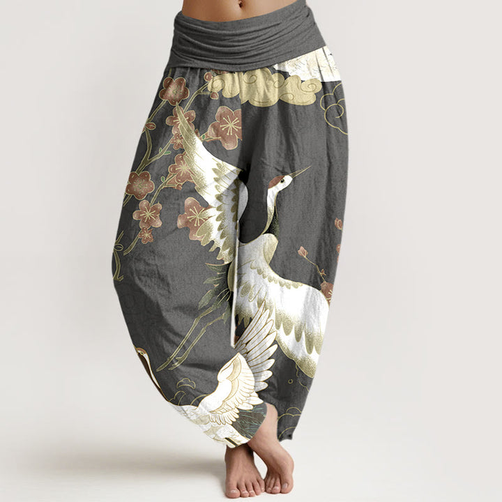 Pantalon harem à taille élastique pour femme, en pur coton, avec motifs de Buddha Stones, grues, fleurs et nuages. - Gris terne - US16，UK/AU20，EU48 (3XL) - image 8