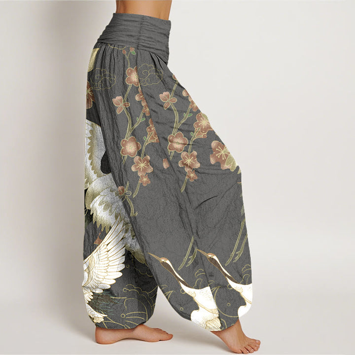 Pantalon harem à taille élastique pour femme, en pur coton, avec motifs de Buddha Stones, grues, fleurs et nuages. - image 10