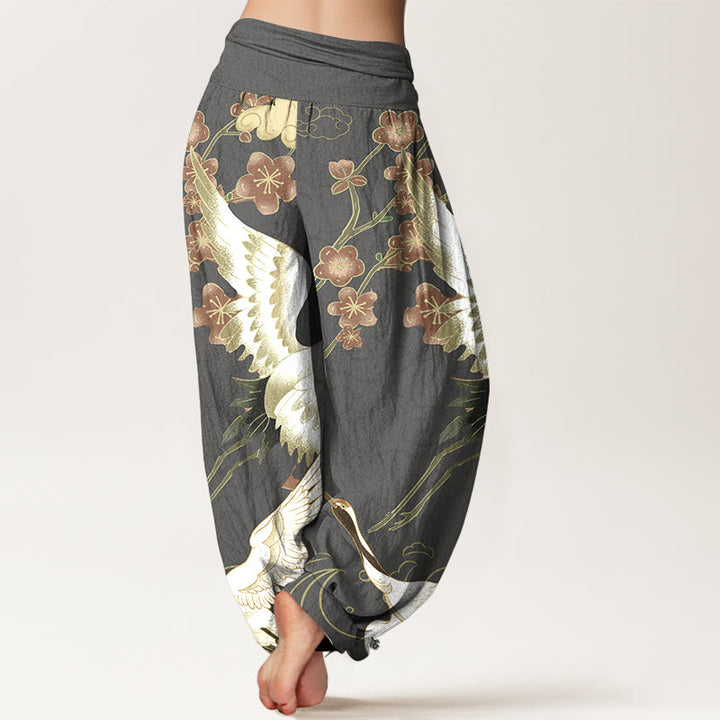 Pantalon harem à taille élastique pour femme, en pur coton, avec motifs de Buddha Stones, grues, fleurs et nuages. - image 9