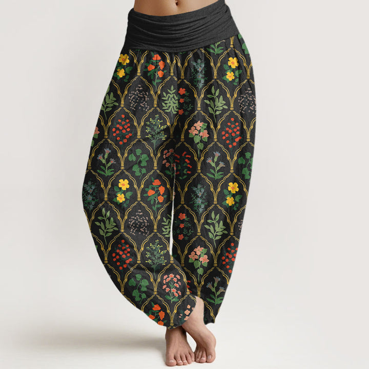Pantalon harem pour femme en pur coton à taille élastique, orné de fleurs, baies et feuilles éclatantes et de Buddha Stones - Noir - US16，UK/AU20，EU48 (3XL) - image 0
