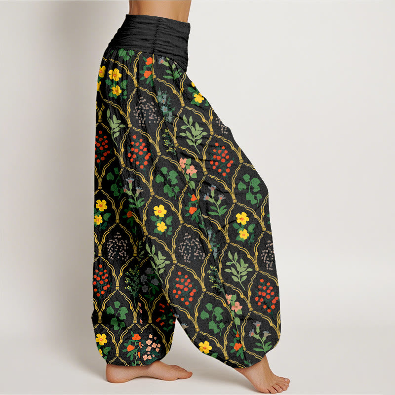 Pantalon harem pour femme en pur coton à taille élastique, orné de fleurs, baies et feuilles éclatantes et de Buddha Stones - image 2
