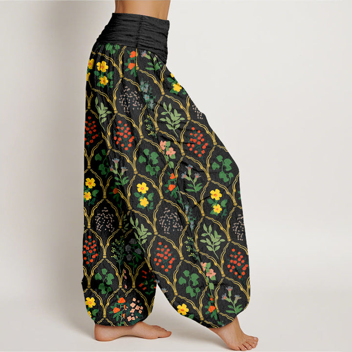Pantalon harem pour femme en pur coton à taille élastique, orné de fleurs, baies et feuilles éclatantes et de Buddha Stones - image 2
