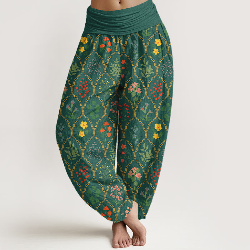 Pantalon harem pour femme en pur coton à taille élastique, orné de fleurs, baies et feuilles éclatantes et de Buddha Stones - Vert - US16，UK/AU20，EU48 (3XL) - image 5
