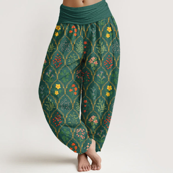 Pantalon harem pour femme en pur coton à taille élastique, orné de fleurs, baies et feuilles éclatantes et de Buddha Stones - Vert - US16，UK/AU20，EU48 (3XL) - image 5