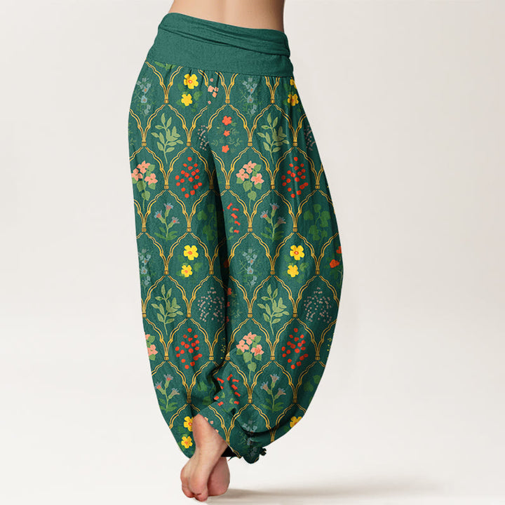 Pantalon harem pour femme en pur coton à taille élastique, orné de fleurs, baies et feuilles éclatantes et de Buddha Stones - image 6