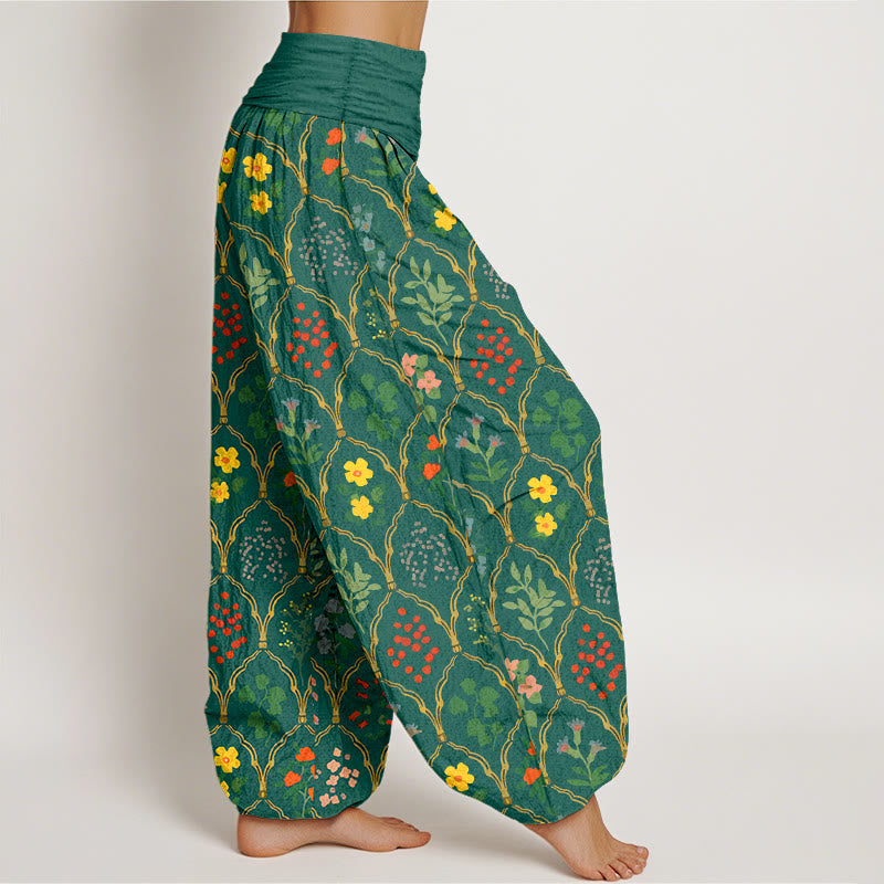 Pantalon harem pour femme en pur coton à taille élastique, orné de fleurs, baies et feuilles éclatantes et de Buddha Stones - image 7