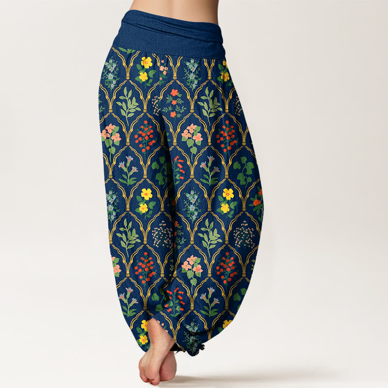 Pantalon harem pour femme en pur coton à taille élastique, orné de fleurs, baies et feuilles éclatantes et de Buddha Stones - image 9