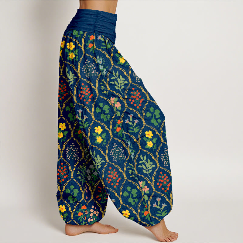 Pantalon harem pour femme en pur coton à taille élastique, orné de fleurs, baies et feuilles éclatantes et de Buddha Stones - image 10