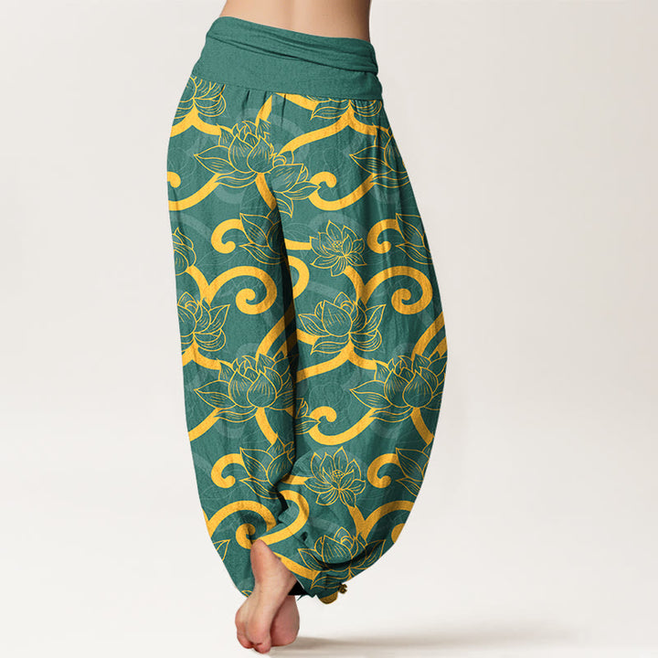 Pantalon harem pour femme, taille élastique, en pur coton, élégant et orné d'un magnifique motif de lotus et de Buddha Stones - image 1