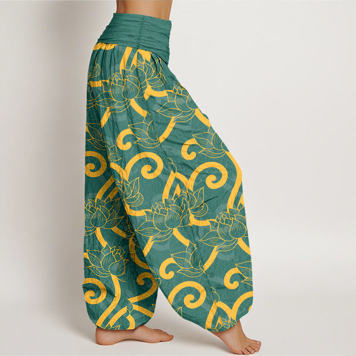 Pantalon harem pour femme, taille élastique, en pur coton, élégant et orné d'un magnifique motif de lotus et de Buddha Stones - image 2