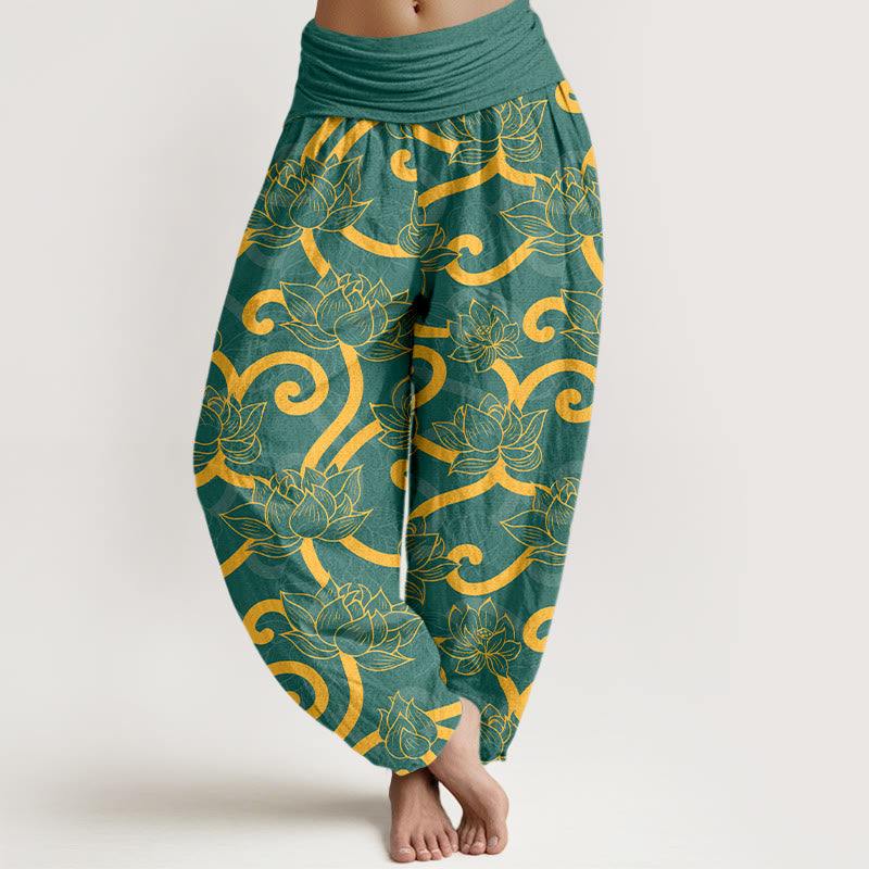 Pantalon harem pour femme, taille élastique, en pur coton, élégant et orné d'un magnifique motif de lotus et de Buddha Stones - Vert - US16，UK/AU20，EU48 (3XL) - image 0