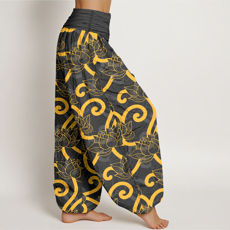 Pantalon harem pour femme, taille élastique, en pur coton, élégant et orné d'un magnifique motif de lotus et de Buddha Stones - image 7