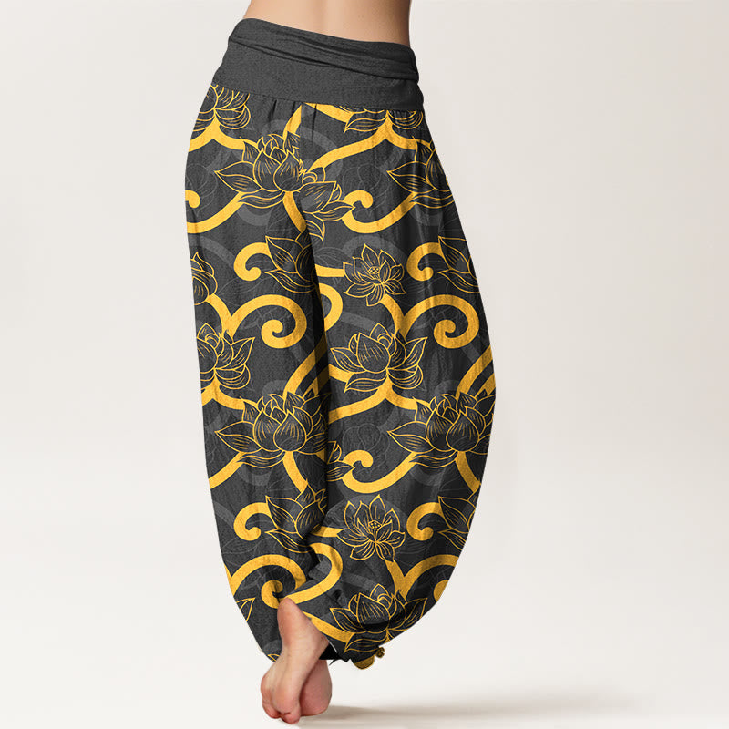 Pantalon harem pour femme, taille élastique, en pur coton, élégant et orné d'un magnifique motif de lotus et de Buddha Stones - image 6