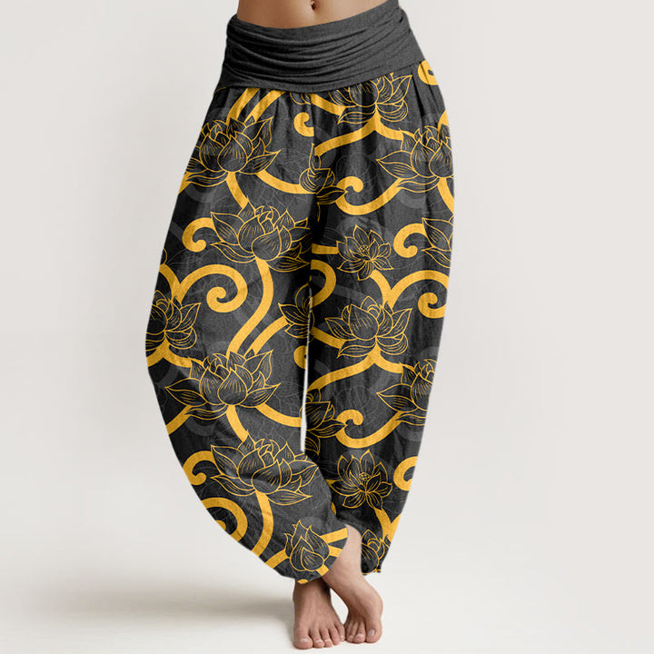 Pantalon harem pour femme, taille élastique, en pur coton, élégant et orné d'un magnifique motif de lotus et de Buddha Stones - Noir - US16，UK/AU20，EU48 (3XL) - image 5
