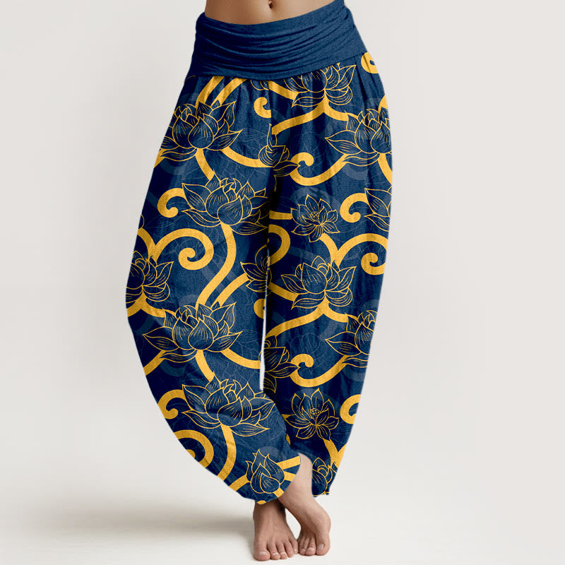 Pantalon harem pour femme, taille élastique, en pur coton, élégant et orné d'un magnifique motif de lotus et de Buddha Stones - Bleu - US16，UK/AU20，EU48 (3XL) - image 8