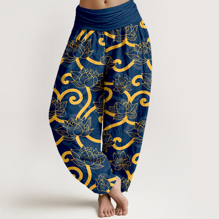 Pantalon harem pour femme, taille élastique, en pur coton, élégant et orné d'un magnifique motif de lotus et de Buddha Stones - Bleu - US16，UK/AU20，EU48 (3XL) - image 8