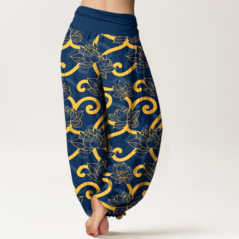 Pantalon harem pour femme, taille élastique, en pur coton, élégant et orné d'un magnifique motif de lotus et de Buddha Stones - image 9