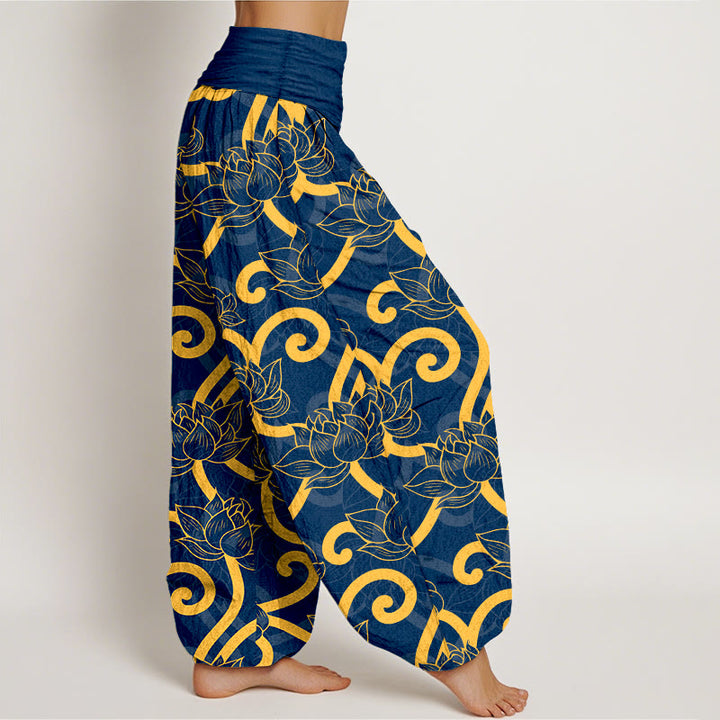 Pantalon harem pour femme, taille élastique, en pur coton, élégant et orné d'un magnifique motif de lotus et de Buddha Stones - image 10