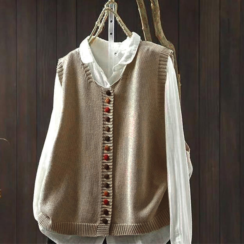 Gilet sans manches en maille pour femme avec boutons colorés et Buddha Stones - Tanné - US4-6，UK/AU8-10，EU36-38 (F) - image 1