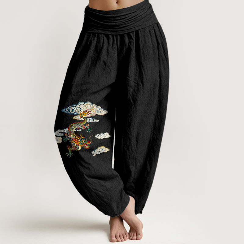 Pantalon harem pour femme en pur coton à motif nuage et dragon coloré avec Buddha Stones - Noir - US16，UK/AU20，EU48 (3XL) - image 0