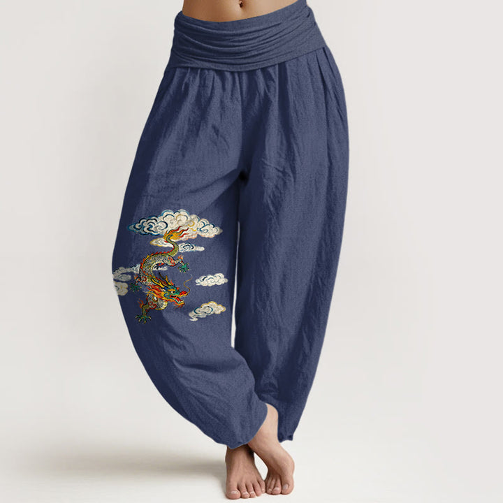 Pantalon harem pour femme en pur coton à motif nuage et dragon coloré avec Buddha Stones - Bleu ardoise foncé - US16，UK/AU20，EU48 (3XL) - image 5