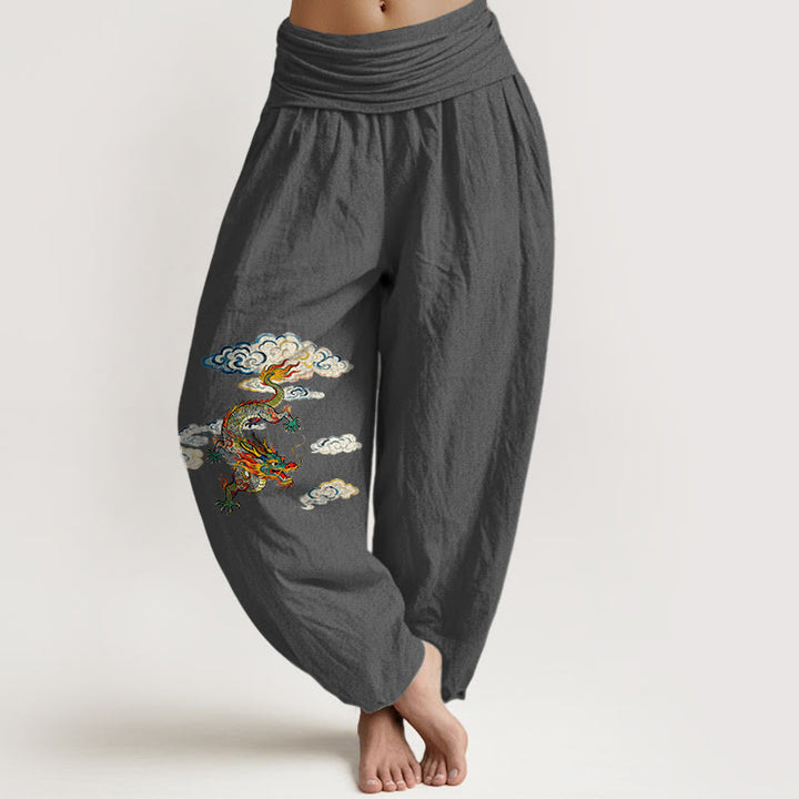 Pantalon harem pour femme en pur coton à motif nuage et dragon coloré avec Buddha Stones - Gris sombre - US16，UK/AU20，EU48 (3XL) - image 8