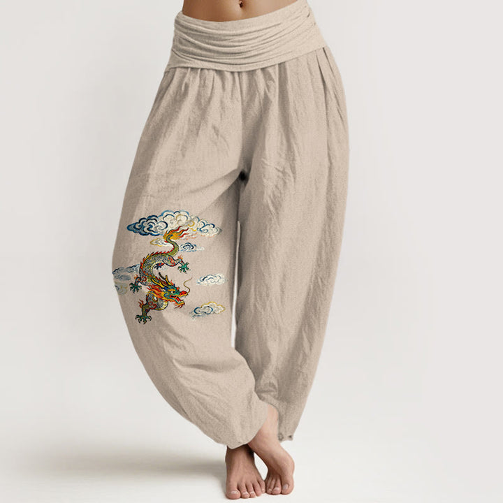 Pantalon harem pour femme en pur coton à motif nuage et dragon coloré avec Buddha Stones - Tanné - US16，UK/AU20，EU48 (3XL) - image 11
