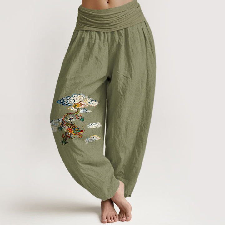 Pantalon harem pour femme en pur coton à motif nuage et dragon coloré avec Buddha Stones - Vert olive - US16，UK/AU20，EU48 (3XL) - image 14