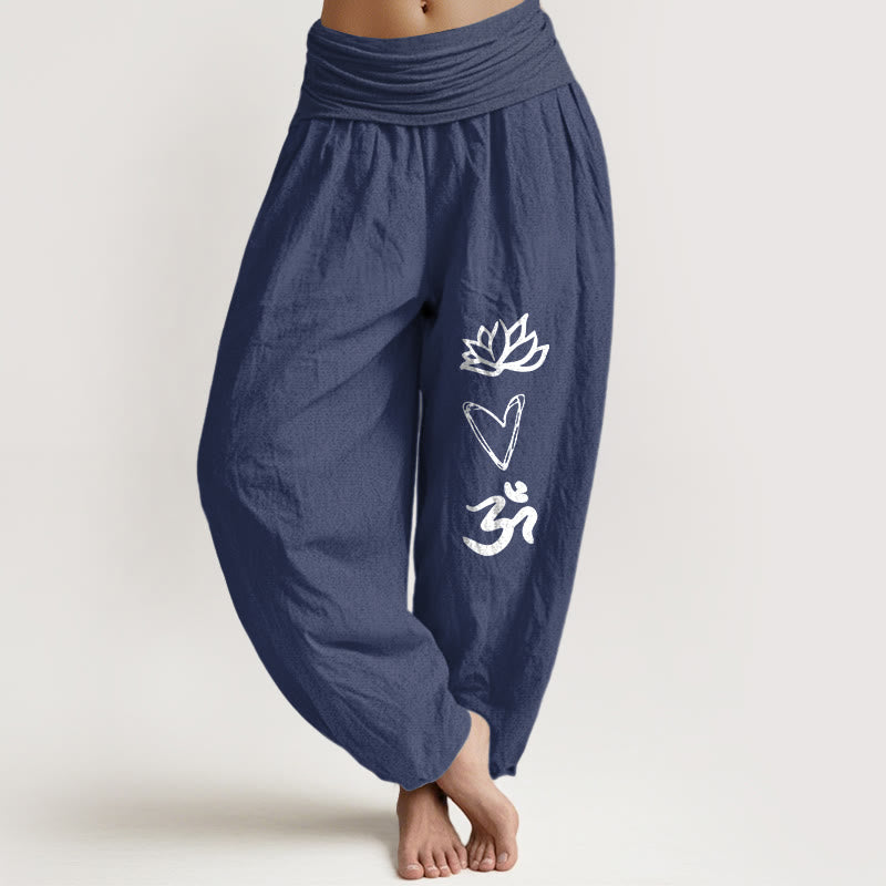 Pantalon harem pour femme, taille élastique, en pur coton, motif lotus et cœur, symbole Om , Buddha Stones - Bleu ardoise foncé - US16，UK/AU20，EU48 (3XL) - image 0