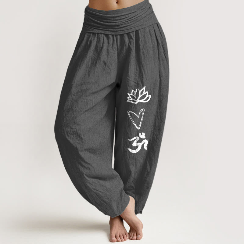 Pantalon harem pour femme, taille élastique, en pur coton, motif lotus et cœur, symbole Om , Buddha Stones - Gris sombre - US16，UK/AU20，EU48 (3XL) - image 8