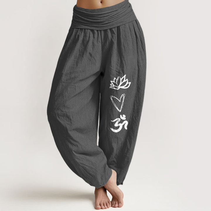 Pantalon harem pour femme, taille élastique, en pur coton, motif lotus et cœur, symbole Om , Buddha Stones - Gris sombre - US16，UK/AU20，EU48 (3XL) - image 8