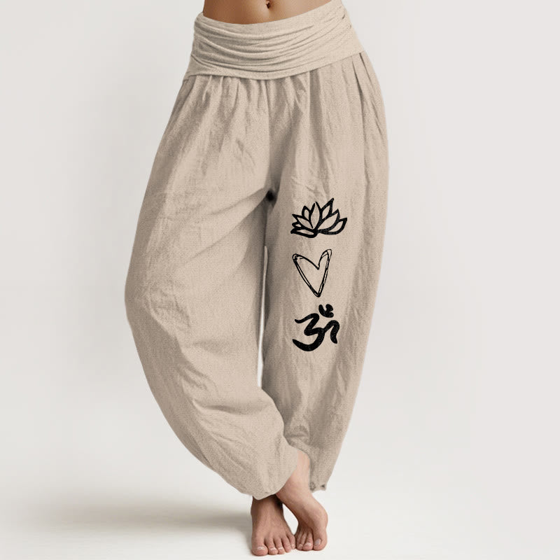 Pantalon harem pour femme, taille élastique, en pur coton, motif lotus et cœur, symbole Om , Buddha Stones - Tanné - US16，UK/AU20，EU48 (3XL) - image 11