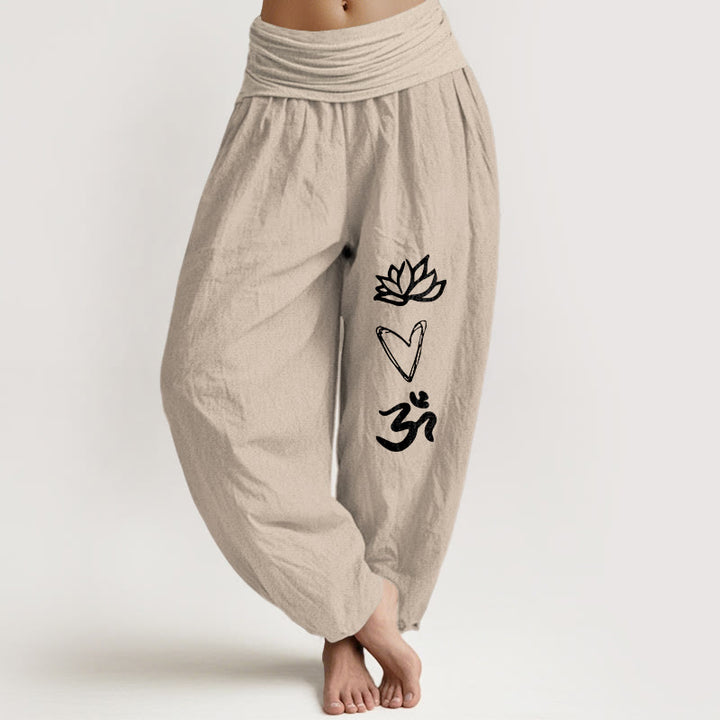 Pantalon harem pour femme, taille élastique, en pur coton, motif lotus et cœur, symbole Om , Buddha Stones - Tanné - US16，UK/AU20，EU48 (3XL) - image 11