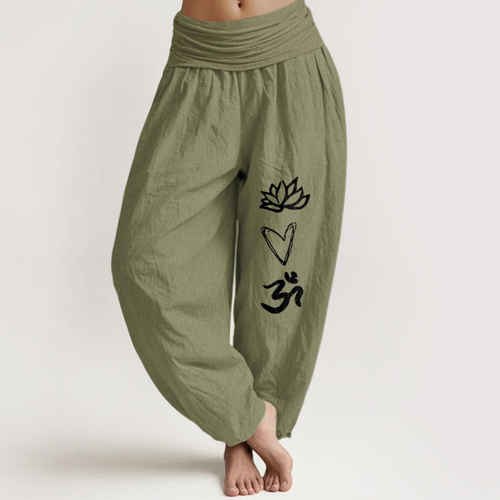 Pantalon harem pour femme, taille élastique, en pur coton, motif lotus et cœur, symbole Om , Buddha Stones - Vert olive - US16，UK/AU20，EU48 (3XL) - image 14