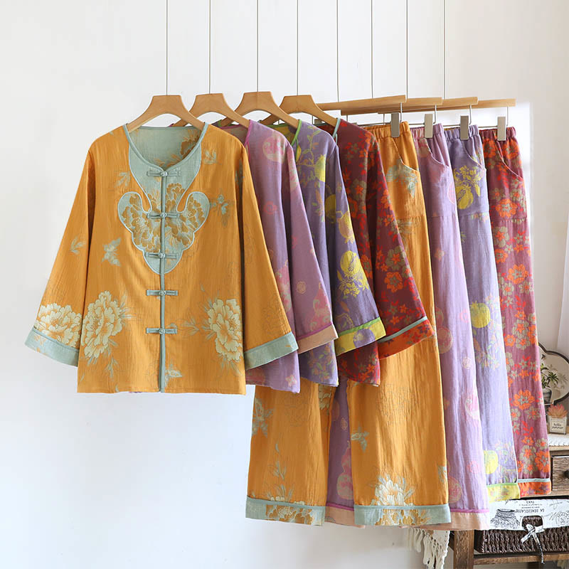 Ensemble 2 pièces en Buddha Stones : cardigan à manches longues imprimé à boutons grenouille et pantalon à poches.  - image 24