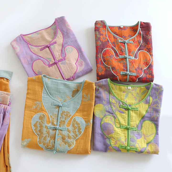 Ensemble 2 pièces en Buddha Stones : cardigan à manches longues imprimé à boutons grenouille et pantalon à poches.  - image 23