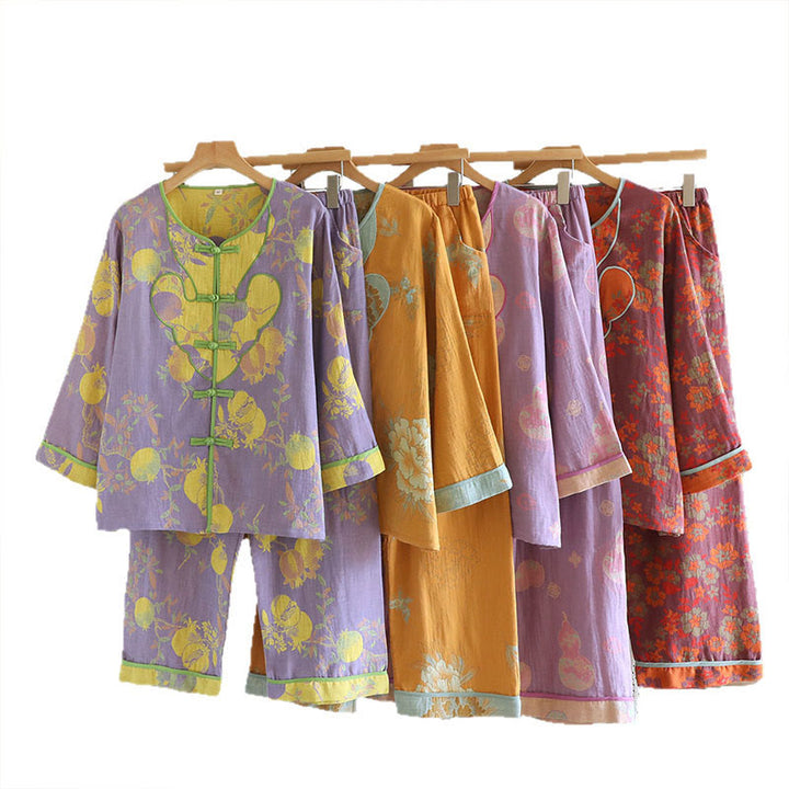 Ensemble 2 pièces en Buddha Stones : cardigan à manches longues imprimé à boutons grenouille et pantalon à poches.  - image 26