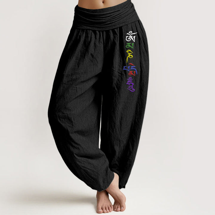 Pantalon harem pour femme en pur coton avec motif Om et inscription tibétaine , Buddha Stones. - Noir - US16，UK/AU20，EU48 (3XL) - image 0