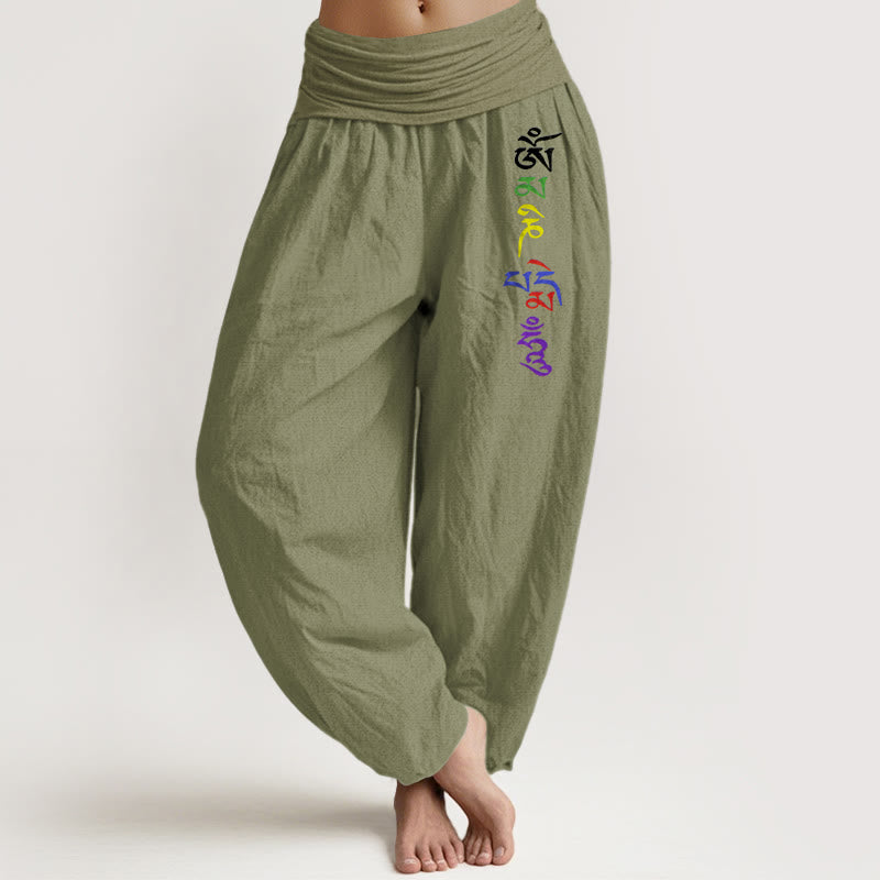 Pantalon harem pour femme en pur coton avec motif Om et inscription tibétaine , Buddha Stones. - Vert olive - US16，UK/AU20，EU48 (3XL) - image 14