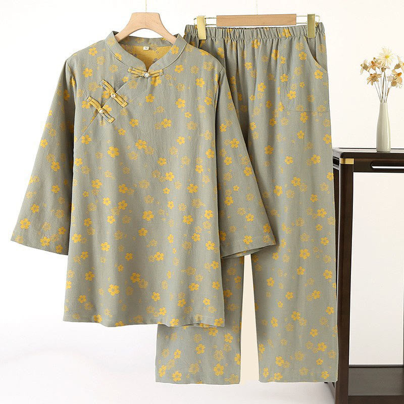 Ensemble 2 pièces Buddha Stones : chemise à manches longues à boutons brandebourg et pantalon à poches en pur coton, orné de motifs floraux colorés.  - Vert foncé - US6，UK/AU10，EU38 (XL) - image 0