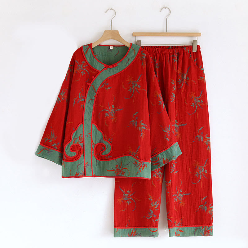 Ensemble 2 pièces en pur coton, motif Buddha Stones : chemise à manches longues boutonnée brandebourg et pantalon à poches.  - Motif orchidée rouge - US6，UK/AU10，EU38 (XL) - image 0