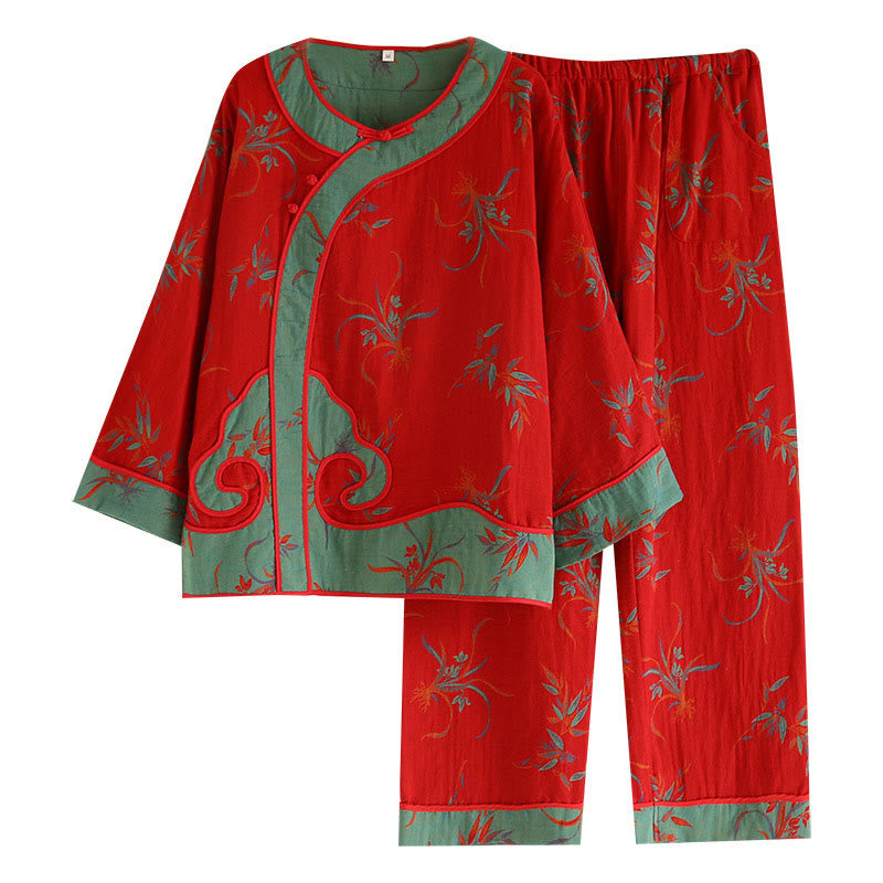 Ensemble 2 pièces en pur coton, motif Buddha Stones : chemise à manches longues boutonnée brandebourg et pantalon à poches.  - image 1
