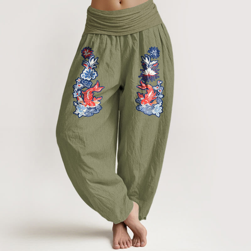 Pantalon harem à taille élastique pour femme, en pur coton, orné de motifs de carpes koï et de fleurs, Buddha Stones - Vert olive - US16，UK/AU20，EU48 (3XL) - image 0