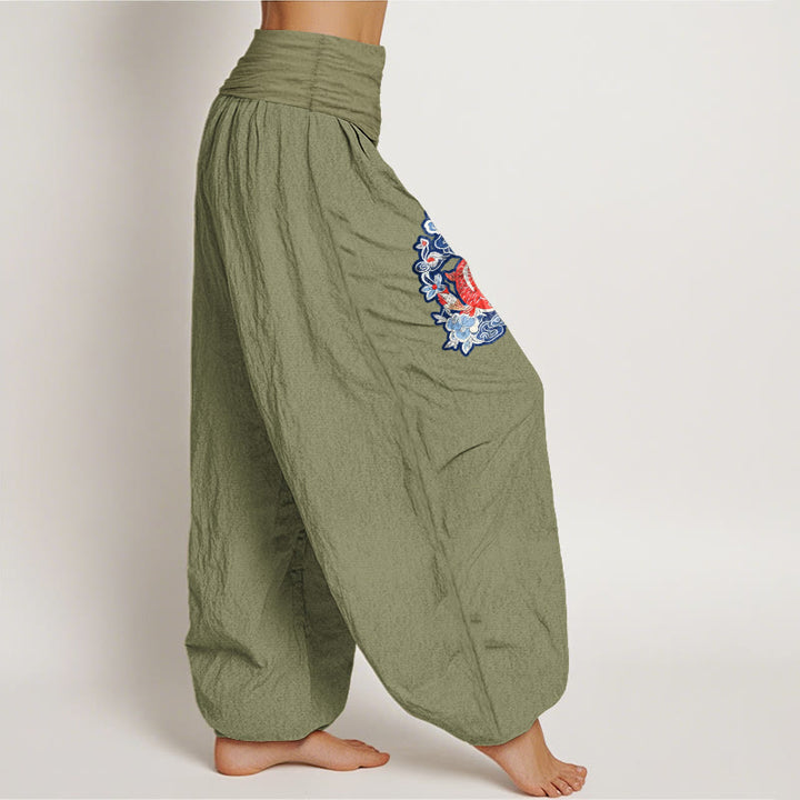 Pantalon harem à taille élastique pour femme, en pur coton, orné de motifs de carpes koï et de fleurs, Buddha Stones - image 2