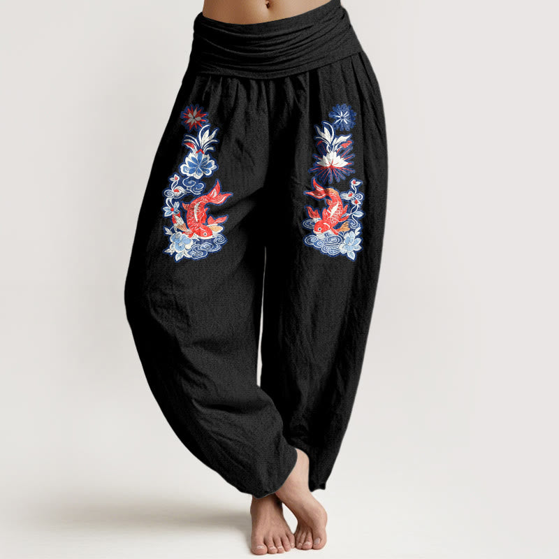 Pantalon harem à taille élastique pour femme, en pur coton, orné de motifs de carpes koï et de fleurs, Buddha Stones - Noir - US16，UK/AU20，EU48 (3XL) - image 5